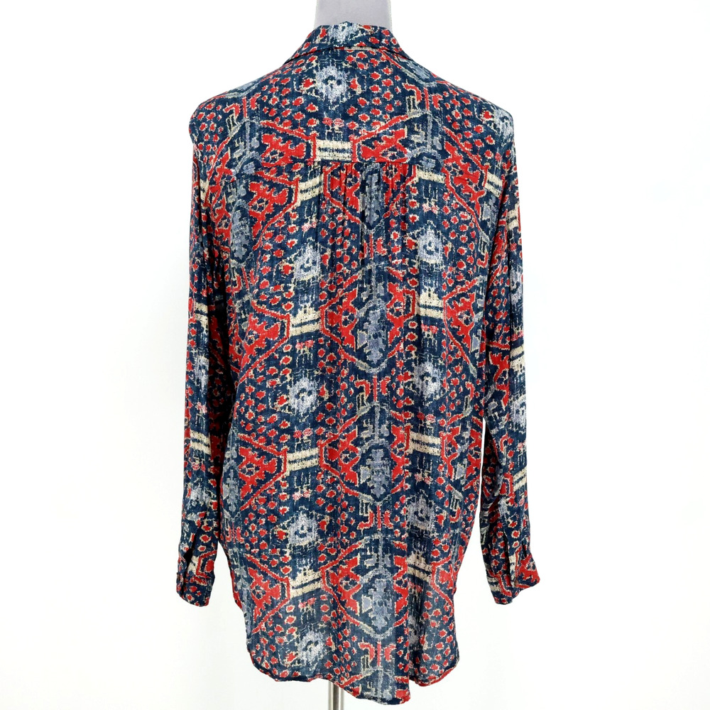 Pilcro Top Womens Medium Red Blue Ikat Lightweight Cotton Blouse Anthropologie - Picture 2 of 16